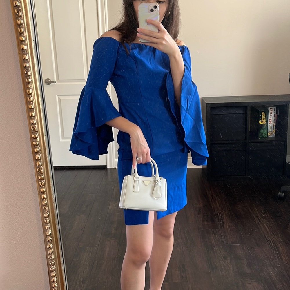 Blue off shoulder dress with ruffled sleeves